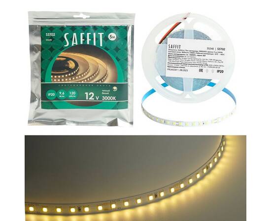 Светодиодная лента Saffit 9,6W/m 120LED/m 2835SMD теплый белый 5М SST02 55240