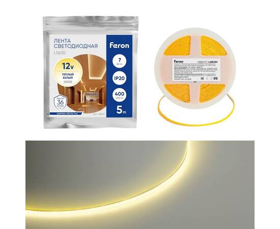 Светодиодная лента Feron 7W/m 400LED/m COB теплый белый 5М LS630 48947