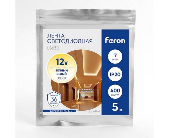 Светодиодная лента Feron 7W/m 400LED/m COB теплый белый 5М LS630 48947, изображение 2