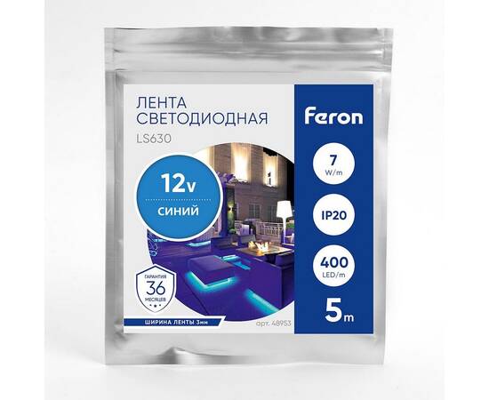 Светодиодная лента Feron 7W/m 400LED/m COB синий 5М LS630 48953, изображение 2