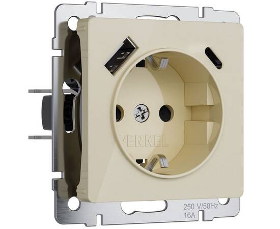 Розетка с заземлением, шторками и USB тип A+C Werkel айвори акрил W1171743 4690389197833