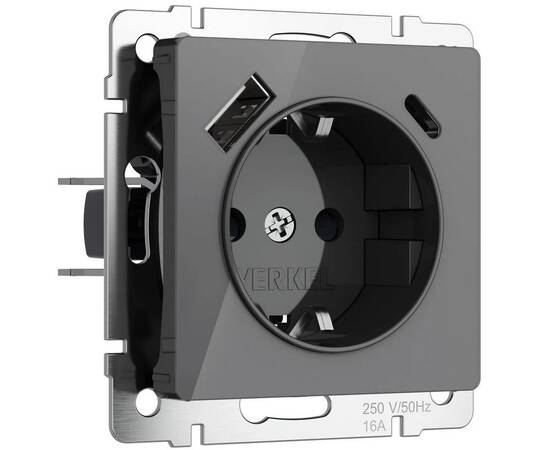 Розетка с заземлением, шторками и USB тип A+C Werkel графит акрил W1171744 4690389197536